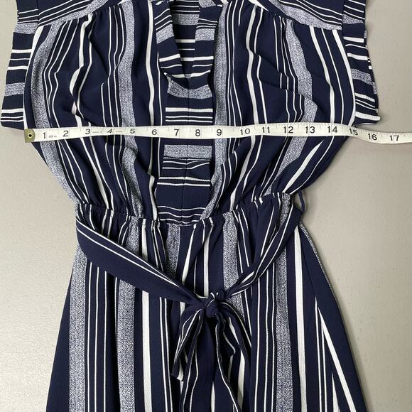Monteau Belt A-Line Dress Striped Short Coastal Nautical Country Club Blue S - Picture 11 of 12